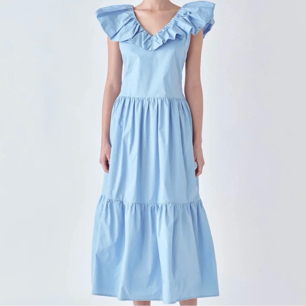 English Factory Midi Dress Womens S Blue V Neck Tiered Ruffle Quiet Luxury New